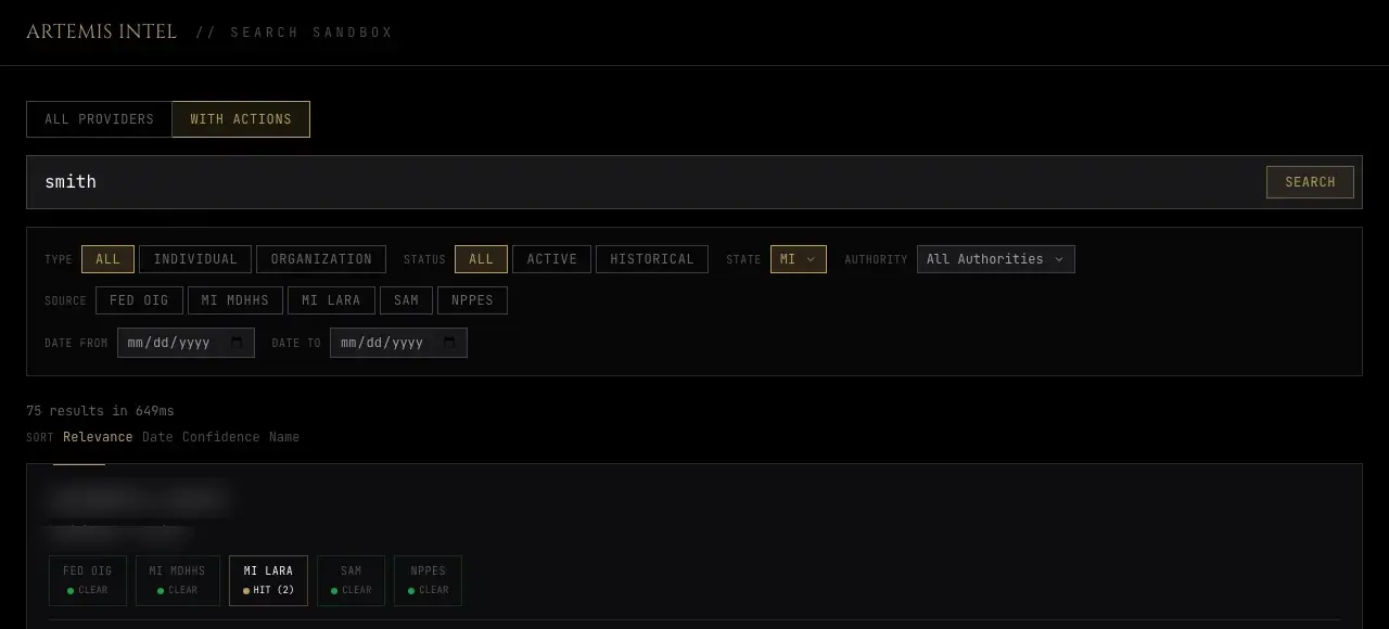 Artemis Intel Search Sandbox — multi-source provider exclusion search across federal and state databases